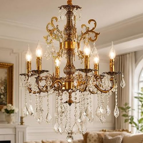 Vintage 6 Arms Crystal Chandelier Candle Light Fixture for Dining Room Living Room Bedroom Hallway Entryway Antique Gold Finish (23"-6 Lights)
