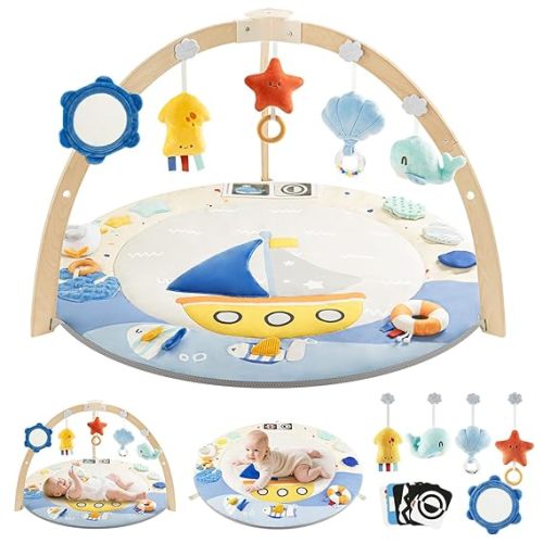 BG-BABYGO Baby Play Gym Activity Mat, 5 Developmental Zones Wooden Tummy Time Mat with 7 Detachable Sensory Toys for Motor Skills & Sensory Development, Baby Essentials Shower Gift, Easy to Install
