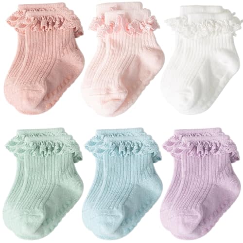 AQOKKA Baby Girl Toddlers Socks with Non-slip Grip Cute Frilly Ruffle Ankle Soft Cotton Newborn Baby Socks for Infant Kids