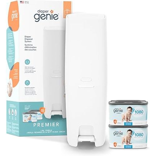 Diaper Genie Premier Diaper Pail Gift Set | Hands-Free Odor Control with Foot Pedal | High-Capacity Diaper Trash Can | Includes 2 Jumbo+ Refills (Holding up to 2,160 Newborn Diapers)