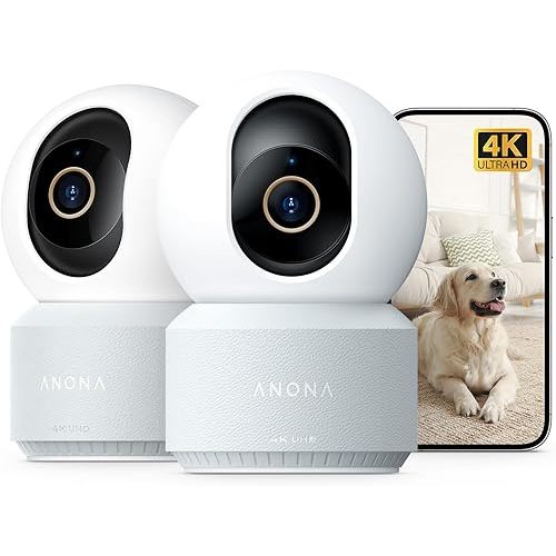 Anona 4K UHD Indoor Camera, Pet/Dog/Baby Security Camera with Phone App, 360°Pan-Tilt, 5G/2.4G Dual-Band Wi-Fi 6, Auto-Tracking, Person/Pet/Baby Crying Detection, Privacy Mode, Two-Way Audio, 2 Pack