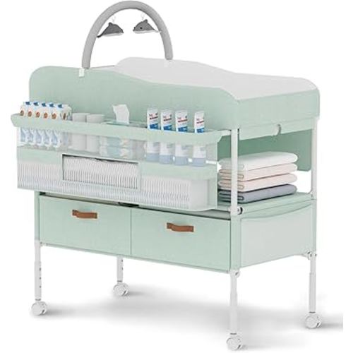 Diaper Changing Station, Portable Changing Table for Baby, Diaper Changing Table with Storage Drawers, Waterproof Baby Changing Station with Wheels and Adjustable Height for Newborn Infant and Toddler