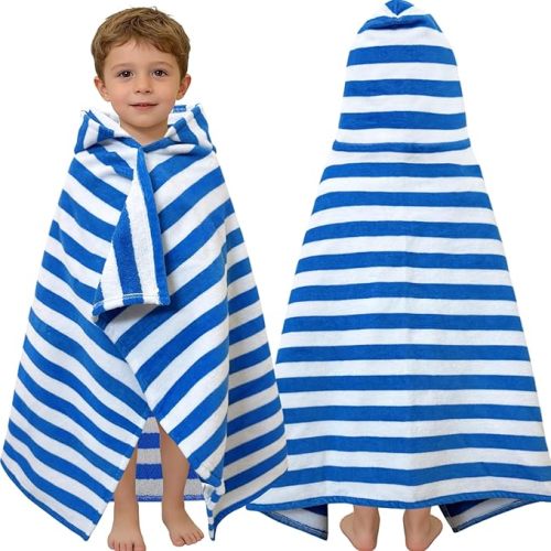 VOOVA & MOVAS Toddler Hooded Bath Towels 0-3T, 25''X40, Soft | Thick | 100% Cotton | Absorbent Towel Wrap for Baby, Perfect for Beach, Pool, Bath, Swimming,Blue Stripe