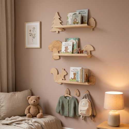 Personalized Woodland Floating Bookshelf Set | Montessori Plywood Nursery Wall Shelf | Kids Room Decor