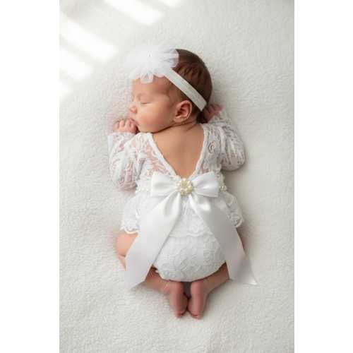 Newborn White Lace Romper with Satin Bow – Baby Girl Photo Outfit – Newborn Photography Prop