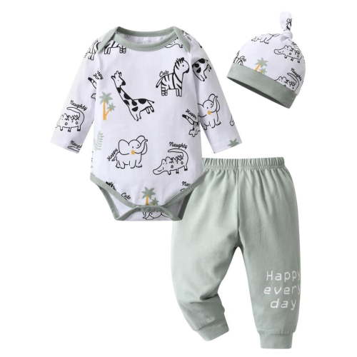 Newborn Baby Boy Clothes Animal Style Long Sleeve Romper + Pants + Hat 3PCS Outfits Set Green 3-6 Months