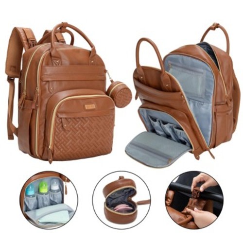 BabbleRoo Premium Vegan Leather Diaper Bag Backpack, Spacious & Stylish Nappy Organizer, Natural Brown, 1 pc Pañaleras Para Bebe