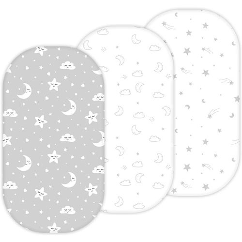 Bassinet Sheets for UPPAbaby Bassinet V3, Graco Modes, DreamMore, SmartSense Soothing, Thule Bassinet, 3 Pack, 16 x 30, Ultra Soft, Breathable, Unisex Boys Girls, Gray (Moon, Stars)