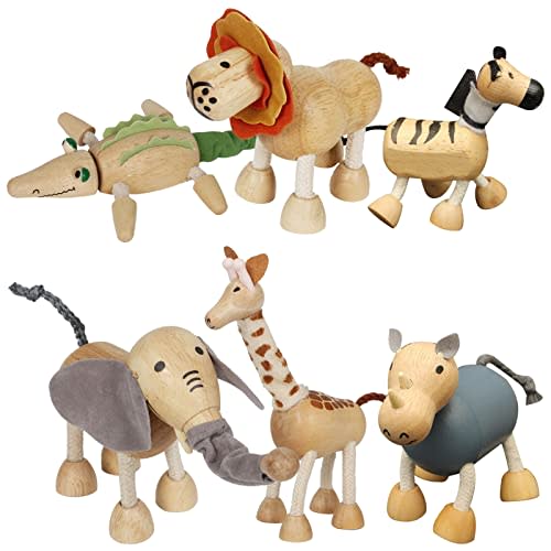6 Pack Bendable Wooden Animal Figurines - Smooth Natural Wood Zoo & Jungle Safari Animals - Preschool Learning & Education Toys for Toddlers & Kids