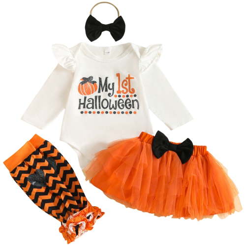 Caqnni Halloween Baby Girl Clothes Spooky Ghost Sweatshirt Long Sleeve Shirt Top Pants Fall Toddler Halloween Outfit Girl Halloween Gift Set (0-3 Months,Orange)