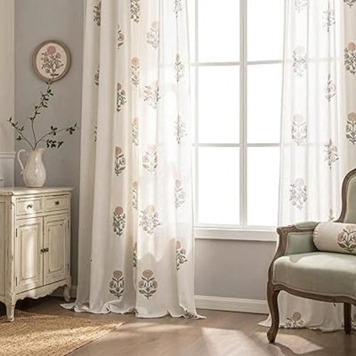 Pink Vintage Floral Linen Curtains, Cottage Core Light Filtering Sheer Pinch Pleated Drapes, Cottagecore Shabby Chic Dusty Rose Sage Green Coquette Curtains for Bedroom Living Room Nursery Girls, 84"L