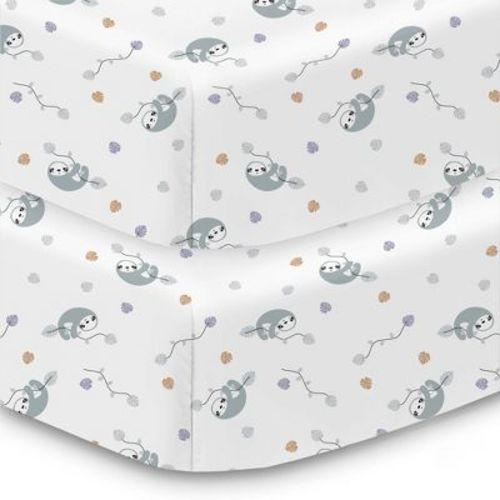 BreathableBaby Cotton Percale Fitted Sheet, For 52" x 28" Crib & Toddler Bed Mattress, Sloths (2-Pack)