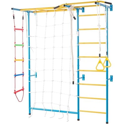 VEVOR Indoor Jungle Gym for Toddlers, 7-in-1 Climbing Playset with Carbon Steel Swedish Ladder, Wall Ladder, Pull-Up Bar, Rope Ladder, and Gymnastic Rings, Supports 220 lbs, Multicolor
