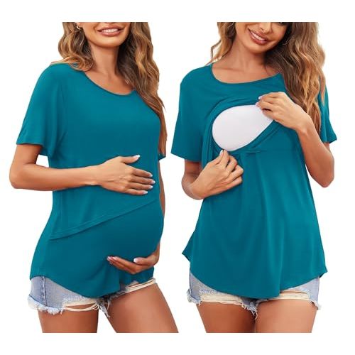 Ekouaer Women Short Sleeve Nursing Shirts Soft Maternity Tops Double Layer Breastfeeding Blouse Round Neck Pregnancy Clothes