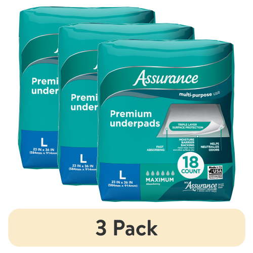 (3 pack) Assurance Unisex Premium Underpad for Adults, L, Maximum Absorbency, 18 Count