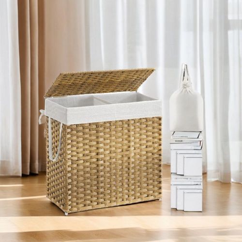 130L Double Laundry Hamper with Lid Clothes Hamper with 2 Removable Liner Bags and 6 Mesh Bags Laundry Storage for Laundry Room Natural