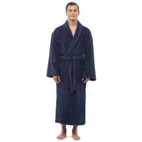 Arus Men's Mid-Calf Turkish Terry Cotton Robe, Shawl Collar Bathrobe , Dark Blue , Large/X Large
