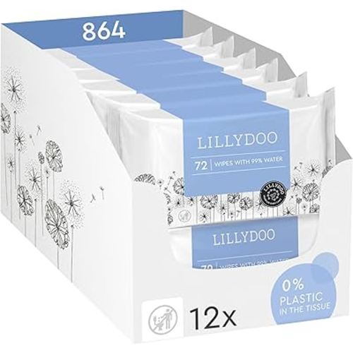 LILLYDOO Baby Wipes with 99% Water – Unscented, Hypoallergenic, Plant-Based, Strong & Plastic-Free, Compostable, 12 resealable Packs x 72 (864 Wipes Total)