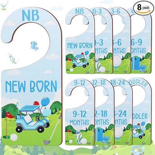 Baby Closet Dividers 8PCS, Golf Themed Wooden Double-Sided Clothes Size Hanger Organizer from Newborn to Toddler for Nursery Decor Baby Shower Birthday Gift Blue & Green