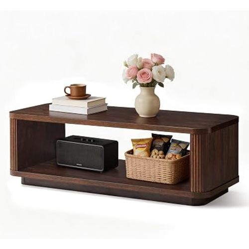47inch Fluted Curved Coffee Table with Open Shelf,Dark Walnut