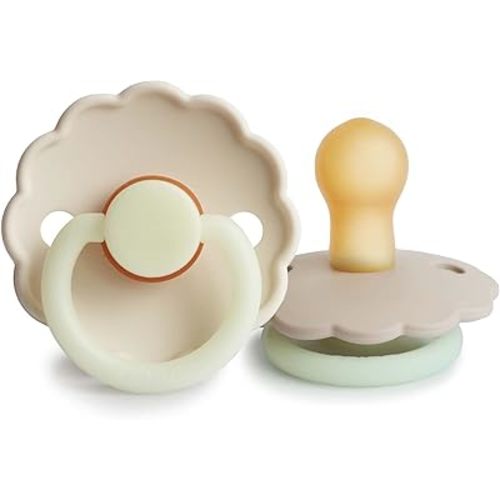 FRIGG Daisy Night Natural Rubber Baby Pacifier | Made in Denmark | BPA-Free (Croissant/Cream, 0-6 Months) 2-Pack
