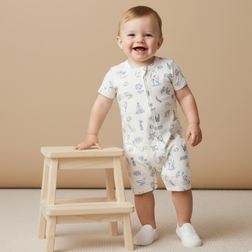 Organic Short Zip Romper - Coastal