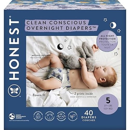 The Honest Company Clean Conscious Overnight Diapers for Sensitive Skin | Hypoallergenic, Fragrance Free | Cozy Cloud + Star Signs | Club Box, Size 5 (27+ lbs), 40 Count