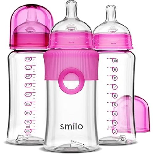 Smilo Baby Bottle Set with Stage 0 Slow Flow Anti Colic Nipple, 10 Oz / 300 ml Capacity, 3X Pack of Anti Colic Baby Bottles 0-3 Months - Pink