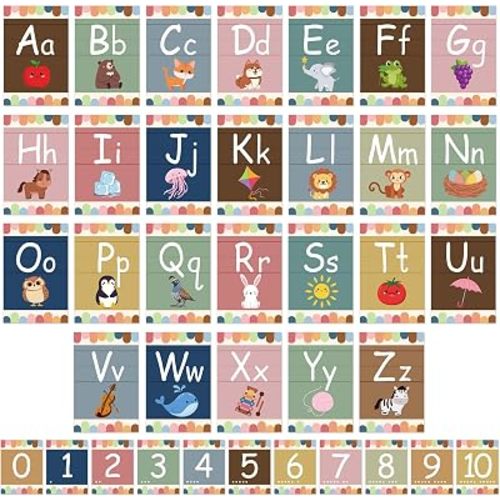 37 Pieces Alphabet Bulletin Board Set, Number ABC Posters for Classroom Wall Boho Rainbow Classroom Decor Preschool Educational Cards Kids Early Learning Colors Shapes Cards Poster