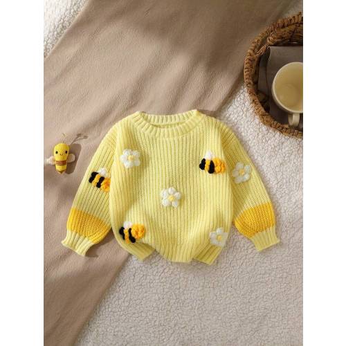 SHEIN 1pc Baby Girl Sweater, Simple Round Neck Adorable 3D Flower & Bee Decor, Vibrant Yellow, Regular Thickness, Neat Hemline & Cuffs, Soft & Comfortable Fit, Suitable For Daily Wear, Indoor, Outdoor Play In Autumn/Winter Baby Knitwear Bee Baby Girl Baby