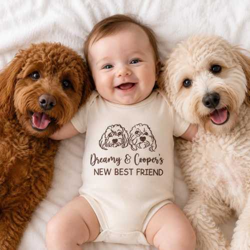 Embroidered New Best Friend Dog Portrait Bodysuit - Custom Pet Photo Baby Romper - Coming Home Outfits - Mom and Dad Announcement