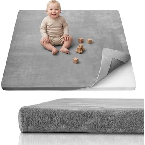 Blissful Diary 1.3" Thick Baby Play Mat, 47x47 Playpen Mat with Removable & Washable Cover, Ultra Soft Crawling Rug for Floor, Foam Cushion & Non-Slip Backing for Kid, Toddlers and Infants, Light Grey