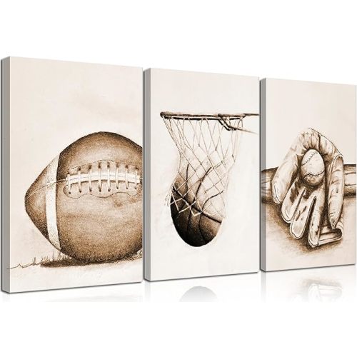3Pcs Sports Wall Art Football Baseball Basketball Theme Painting Picture Wall Decor Vintage Sport Poster Print Artwork for Boy Room Playroom Bedroom Gameroom Home Decoration