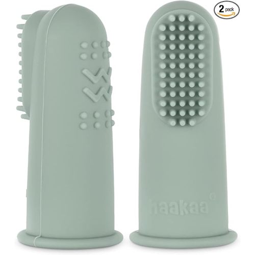 haakaa Silicone Baby Finger Toothbrush, Oral Care for Infants&Babies&Toddlers&Kids, Soft Food Grade Silicone, 0 Months+, 2 Pack, Pea Green