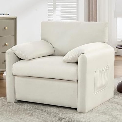 Oversized Accent Chair Mid-Century Modern Armchair for Living Room,USB and Type-C Ports,Comfy Reading Chairs for Bedroom with Side Pockets,Extra-Wide Single Sofa Chair (Beige, Set of 1)