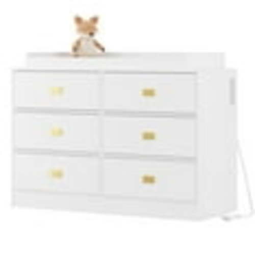 2025 New Baby Changing Table Dresser with 6 Drawers, Baby Chest of Drawers for Nursery with Power Outlets, Changing Pad & Removable Top