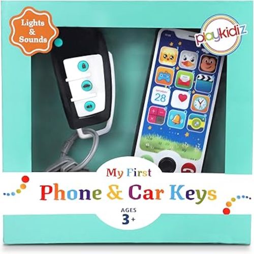 Toy Phone w/Car Keys, Real Looking Pretend Play Toddler Cell Phone Toys and Remote Car Key for Boys, Lights, Sound Effects, Apps & Buttons - Batteries Included - 3+