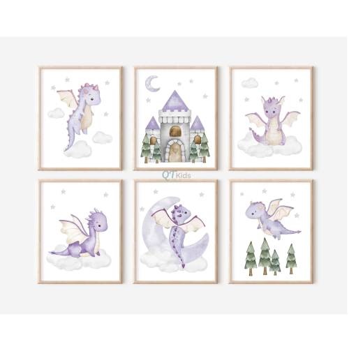 Purple Dragon Nursery Prints, Girl Nursery Prints, Girl Room Printable Wall Art, Watercolour Baby Dragon Prints, Set of 6, DIGITAL DOWNLOAD