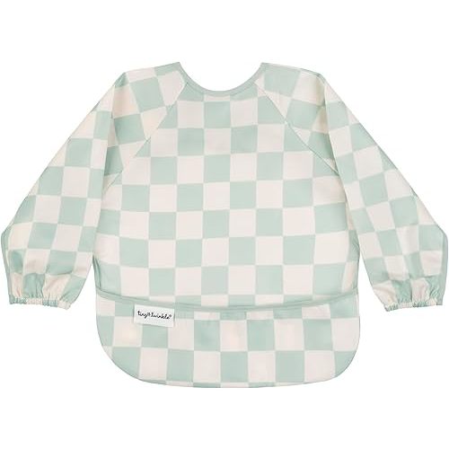 Tiny Twinkle Mess Proof Baby Bib,Waterproof Smock Baby Bib for Eating,Machine Washable Long Sleeve Bib,Baby Led Weaning,Toddler Bib (Checkers Sage, Large 2-4 Years)