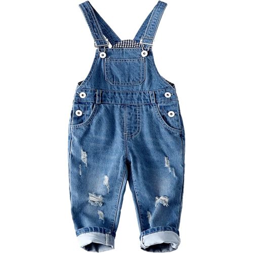 KIDSCOOL SPACE Baby Boy Girl Jean Overalls,Toddler Ripped Denim Cute Workwear