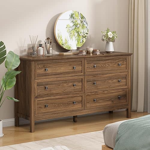CARPETNAL 55" Walnut Dresser for Bedroom, 6 Drawer Dresser with Wide Drawer and Metal Handles, Wood Dressers & Chests of Drawers for Hallway, Entryway.