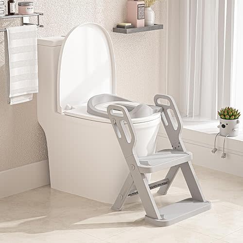 Toddler Potty Training Toilet Seat-Alongside Foldable Potty Train Chair Adapter, Potty Seats with Steps Ladder for Toddlers Kids, Boys, Girls, Child, Baby, and Must-Haves Portable Step Stool Supplies