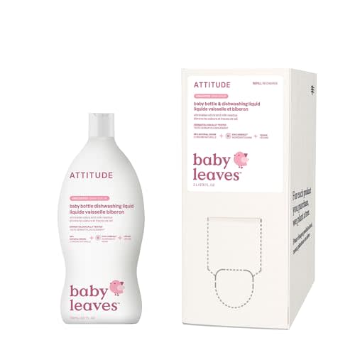 Bundle of ATTITUDE Baby Dish Soap, Plant-Based Dish Liquid, Extra Gentle on Sensitive Skin, Tough on Milk Residue & Grease on Bottles, Fragrance Free, 23.7 Fl Oz + Bulk Refill 67.6 Fl Oz