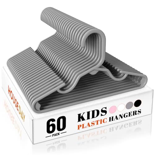 HOUSE DAY Premium Baby Hangers 60 Pack, 11 Inch Kids Plastic Hangers Grey, Slim Childrens Hanger for Infant, Toddler, Child Clothes, Non-Slip Sturdy and Durable Baby Clothes Hanger for Closet