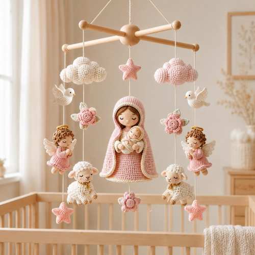 Crochet Virgin Mary Baby Mobile, Catholic Nursery Decor, Baby Jesus Angel Lamb Crib Mobile, Baptism Gift, Christian Baby Shower Gift
