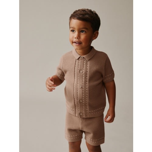 Tan Brown Textured Knitted Button Through Polo Shirt and Shorts Set (3mths-10yrs)