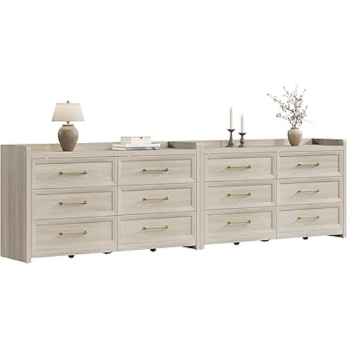 SICOTAS Cómoda de 6 cajones para dormitorio - Cómoda de madera extra ancha de 112.8" con gran almacenamiento, soporte de TV largo con cajones, cómodas de armario estilo granja para guardería, roble