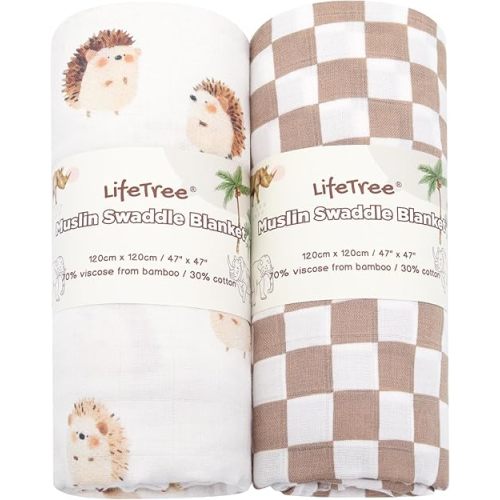 LifeTree Baby Swaddle Blankets, Boys Girls Muslin Swaddling Wrap Receiving Blanket for Newborn, 70% Viscose from Bamboo and 30% Cotton, Large 47" x 47", Hedgehog and Checkered