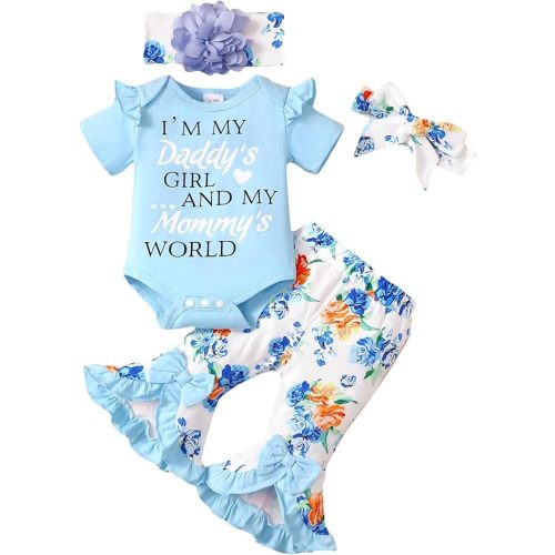 SUNNY PIGGY Newborn Baby Girl Clothes 4Pcs Infant Floral Outfits Flowerpant | 0-18 Months Fall Winter Clothing Set,Cute Long Sleeve Ruffle Baby Romper,Flare Pants,2 Bow Headbands,Bell Bottom Flowerpant