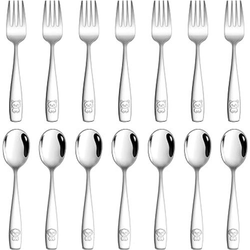 LIANYU Kids Silverware Set, 14 Pieces Stainless Steel Toddler Utensil Set with Small 7 Forks and 7 Spoons, Children Safe Flatware Cutlery for Self-Feeding, Food Grade & Cute Pattern, Dishwasher Safe